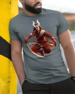 Epic Samurai Demon Warrior Battle Stance Graphic Tee Shirt - model wearing grey tee, leaning on column