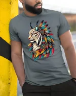 Majestic Tribal Lynx Spirit Feather Art Graphic T-Shirt Tee - model wearing grey tee, leaning on column