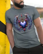 Celestial Heart Wings Tee with Roses and Cosmic Glow Art - model wearing grey tee, leaning on column