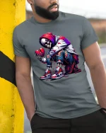 Heartbroken Skeleton Streetwear Tee for Urban Style Lovers - model wearing grey tee, leaning on column