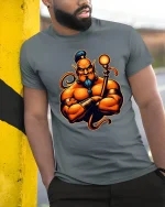 Powerful Muscular Genie Character Bold Fantasy Graphic T-Shirt - model wearing grey tee, leaning on column