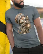 Whimsical Lantern Cat Fantasy Adventure Art Tee Shirt - model wearing grey tee, leaning on column