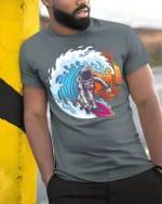Cosmic Wave Rider Astronaut Surfing Adventure Graphic Tee - model wearing grey tee, leaning on column