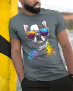 Color Splash Cool Dog Tee with Retro Sunglasses Vibe - model wearing grey tee, leaning on column