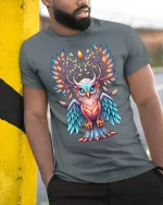 Mystic Antlered Owl Spirit Tee with Glowing Fantasy Art Design - model wearing grey tee, leaning on column