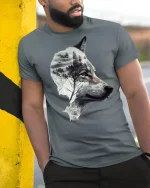 Mystic Forest Wolf Silhouette Art Tee for Nature Lovers - model wearing grey tee, leaning on column