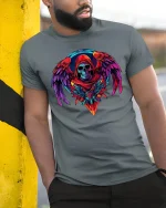 Vibrant Neon Skull Angel Wings Dark Fantasy Graphic T-Shirt - model wearing grey tee, leaning on column