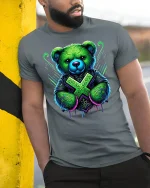 Neon Tribal Boxing Bear Graphic Tee for Bold Style Lovers - model wearing grey tee, leaning on column
