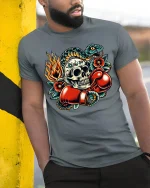 Skull Boxer Strike Tee with Fiery Snake Tattoo Art Style - model wearing grey tee, leaning on column