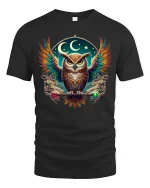 Mystic Night Owl Spirit Guide Graphic Tee for Dreamers and Thinkers - black t-shirt on white background