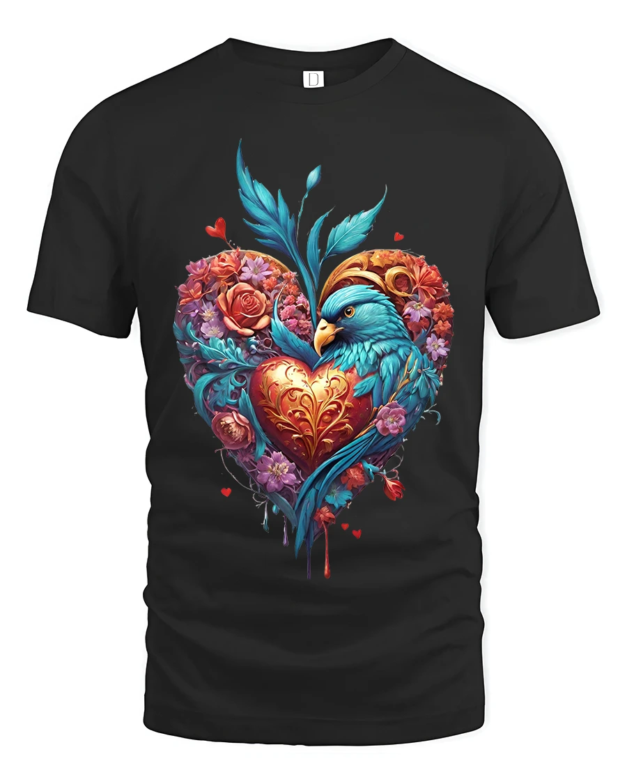 Vibrant Heart and Blue Bird Floral Graphic Tee with Romantic Art Design - 1 Vibrant Heart and Blue Bird Floral Graphic Tee with Romantic Art Design - black t-shirt on white background