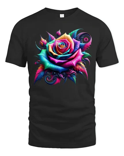 Vivid Neon Rainbow Rose Graphic Tee with Bold Artistic Floral Design - black t-shirt on white background