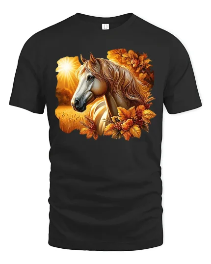 Golden Autumn Horse Graphic Tee with Warm Fall Flowers and Sunset Art - black t-shirt on white background