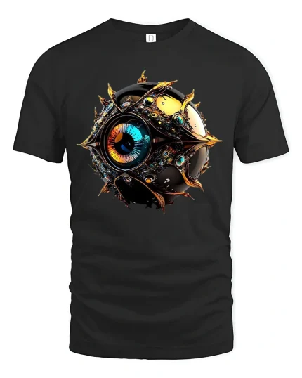 Futuristic Cyber Eye Orb Graphic Tee with Sci-Fi Mechanical Detail - black t-shirt on white background