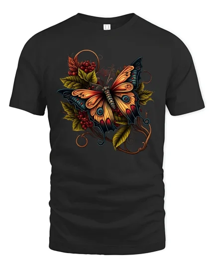 Autumn Forest Butterfly Graphic Tee with Warm Leaves - black t-shirt on white background