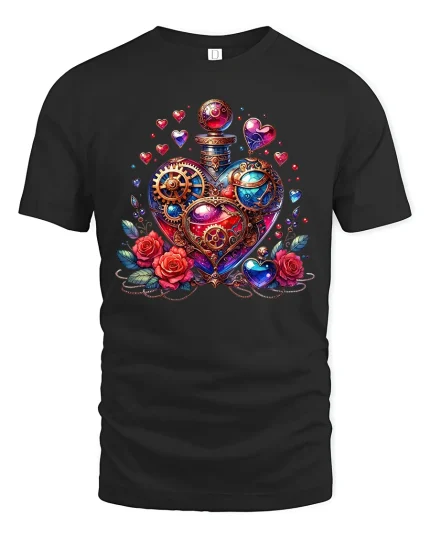 Steampunk Love Heart Potion Graphic Tee with Gears, Roses and Jewels - black t-shirt on white background