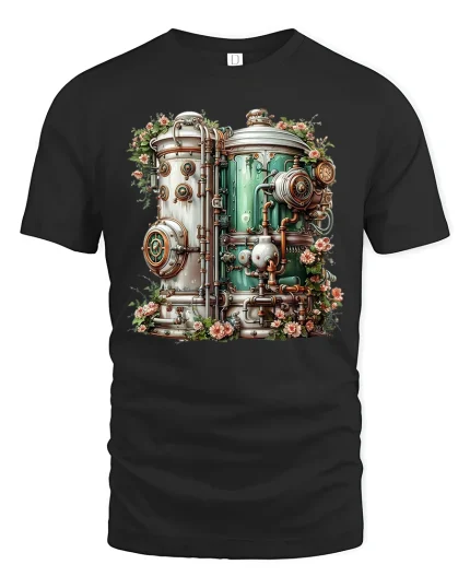Steampunk Floral Machine Graphic Tee with Vintage Industrial Detail - black t-shirt on white background