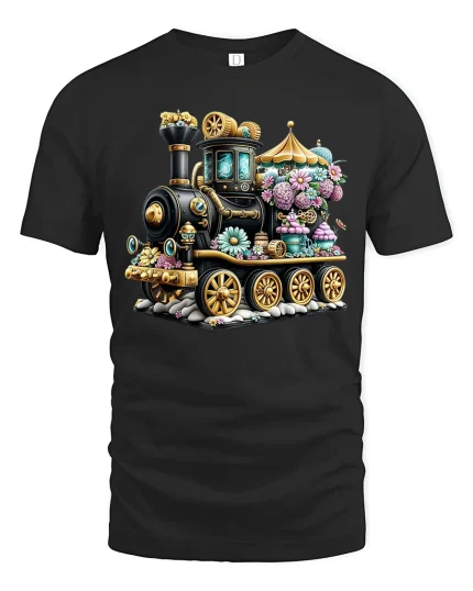 Whimsical Steampunk Flower Train Graphic Tee with Fantasy Detail - black t-shirt on white background