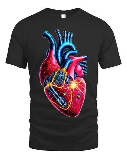 Cybernetic Mechanical Heart Graphic Tee with Futuristic Tech Detail - black t-shirt on white background