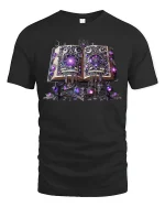 Enchanted Spellbook Magic Graphic Tee with Glowing Purple Runes - black t-shirt on white background