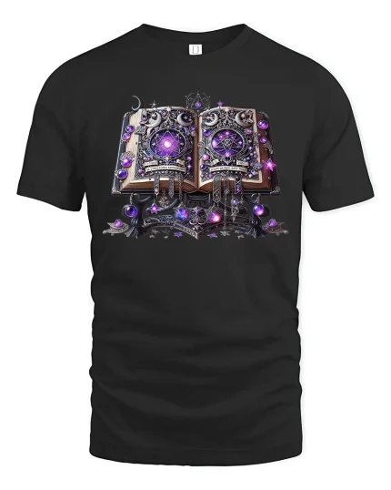 Enchanted Spellbook Magic Graphic Tee with Glowing Purple Runes - black t-shirt on white background