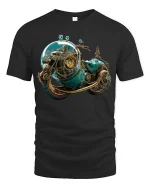 Steampunk Cosmic Motorcycle Adventure Graphic Tee - black t-shirt on white background