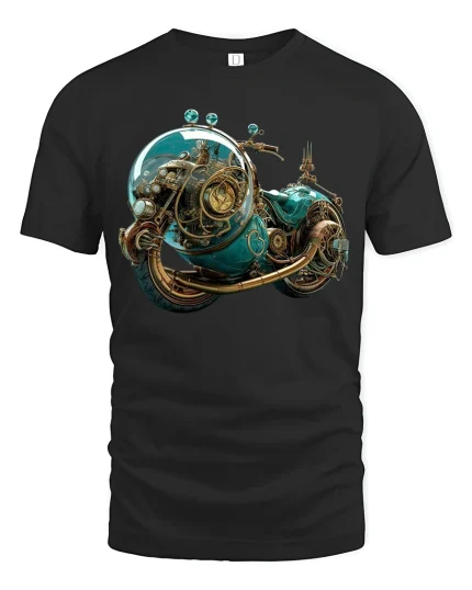 Steampunk Cosmic Motorcycle Adventure Graphic Tee - black t-shirt on white background