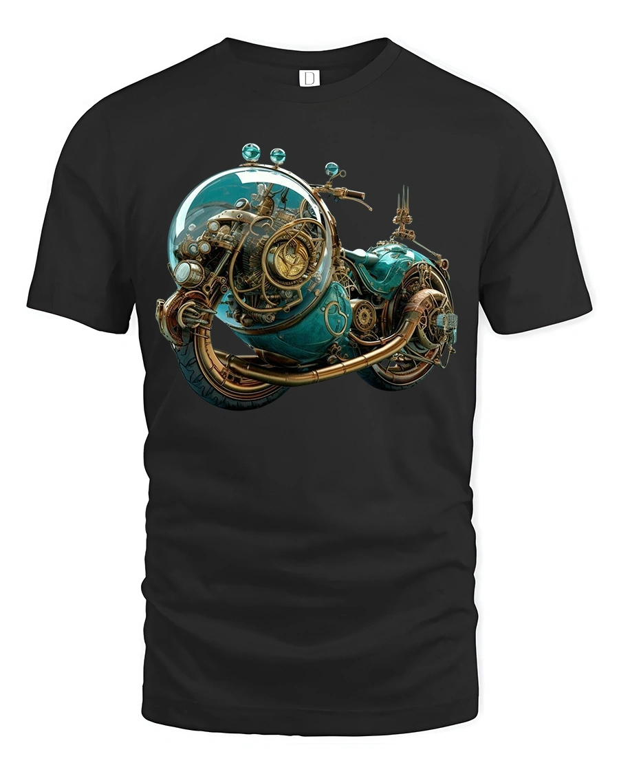 Steampunk Cosmic Motorcycle Adventure Graphic Tee - 1 Steampunk Cosmic Motorcycle Adventure Graphic Tee - black t-shirt on white background