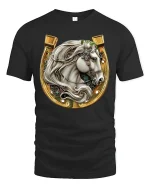Elegant White Stallion Horseshoe Graphic Tee with Gold Western Detail - black t-shirt on white background