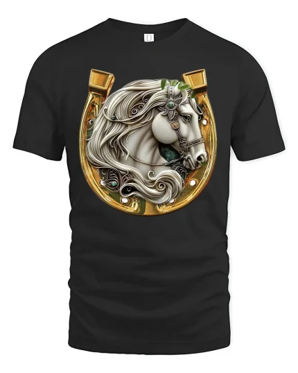 Elegant White Stallion Horseshoe Graphic Tee with Gold Western Detail - black t-shirt on white background