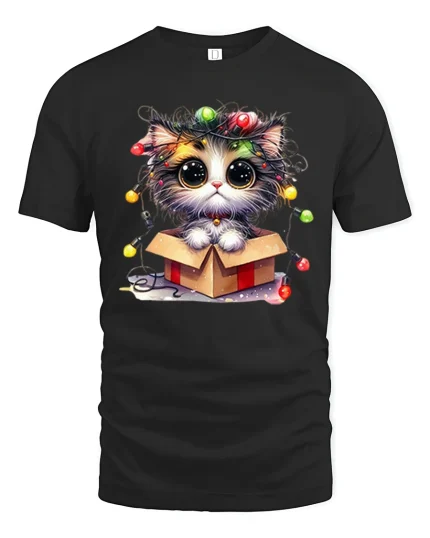 Cute Christmas Kitten in Gift Box Graphic Tee with Holiday Lights - black t-shirt on white background