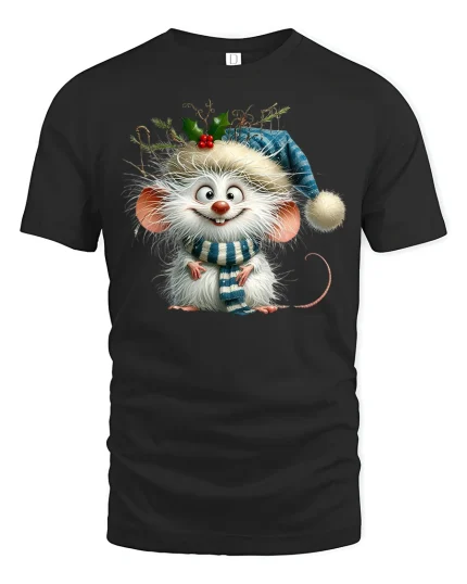 Cute Christmas Mouse Graphic Tee With Cozy Winter Hat and Scarf Art - black t-shirt on white background