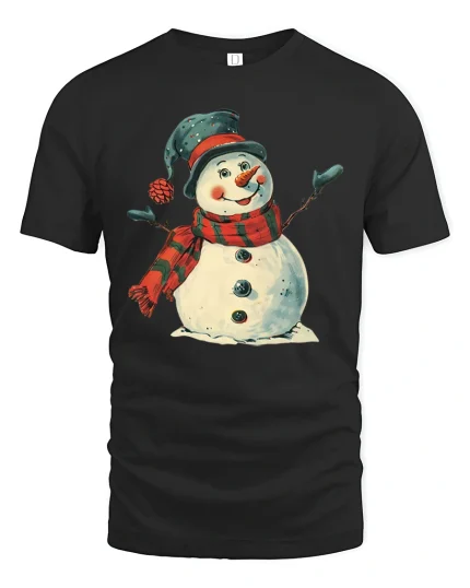 Jolly Christmas Snowman Graphic Tee with Cozy Hat - black t-shirt on white background