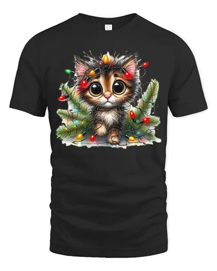 Cute Christmas Kitten Tee with Big Eyes and Colorful Holiday Lights - black t-shirt on white background
