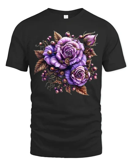 Vintage Steampunk Purple Rose Bouquet Graphic Tee - black t-shirt on white background