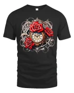 Steampunk Red Rose Clockwork Fantasy Graphic Tee - black t-shirt on white background