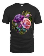 Elegant Purple and Pink Rose Bouquet Graphic Tee - black t-shirt on white background