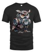 Steampunk Clockwork Owl Engineer Graphic Tee - black t-shirt on white background