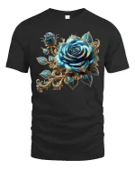 Luxurious Blue Rose Baroque Floral Graphic Tee with Elegant Gold Accents - black t-shirt on white background