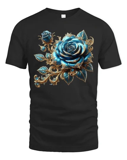 Luxurious Blue Rose Baroque Floral Graphic Tee with Elegant Gold Accents - black t-shirt on white background