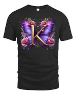 Elegant Butterfly Initial K Floral Graphic Tee with Pink Rose Art - black t-shirt on white background