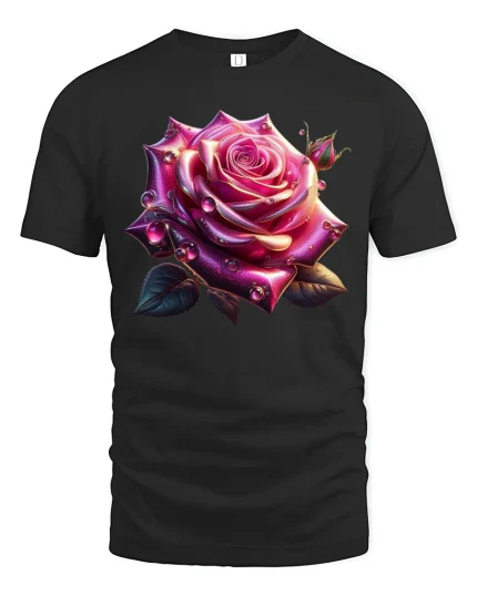 Vibrant Pink Dew Rose Graphic Tee with Stunning Hyper-Detail Art - black t-shirt on white background
