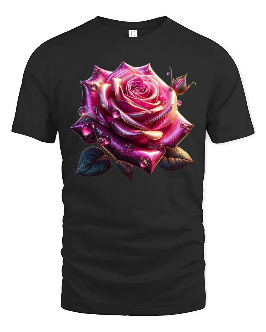 Vibrant Pink Dew Rose Graphic Tee with Stunning Hyper-Detail Art - 1 Vibrant Pink Dew Rose Graphic Tee with Stunning Hyper-Detail Art - black t-shirt on white background