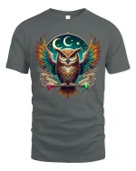 Mystic Night Owl Spirit Guide Graphic Tee for Dreamers and Thinkers - gray t-shirt on white background