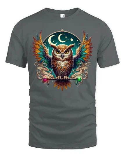 Mystic Night Owl Spirit Guide Graphic Tee for Dreamers and Thinkers - gray t-shirt on white background
