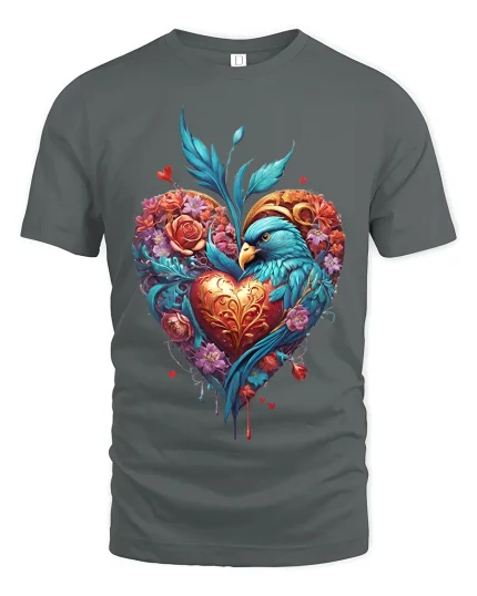 Vibrant Heart and Blue Bird Floral Graphic Tee with Romantic Art Design - gray t-shirt on white background