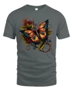 Autumn Forest Butterfly Graphic Tee with Warm Leaves - gray t-shirt on white background