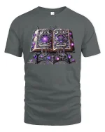 Enchanted Spellbook Magic Graphic Tee with Glowing Purple Runes - gray t-shirt on white background