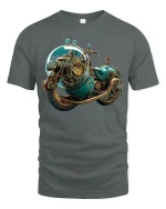 Steampunk Cosmic Motorcycle Adventure Graphic Tee - gray t-shirt on white background