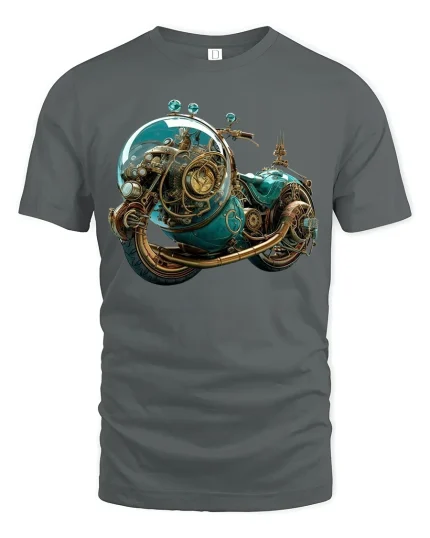 Steampunk Cosmic Motorcycle Adventure Graphic Tee - gray t-shirt on white background